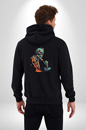 Zombi İskelet Kendine Yumruk  Kadın Erkek Siyah Renk Kapüşonlu Kanguru Cepli  Fermuarlı Pamuklu Oversize Dijital Baskılı Hırka Sweatshirt