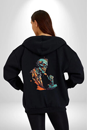 Zombi İskelet Kendine Yumruk  Kadın Erkek Siyah Renk Kapüşonlu Kanguru Cepli  Fermuarlı Pamuklu Oversize Dijital Baskılı Hırka Sweatshirt