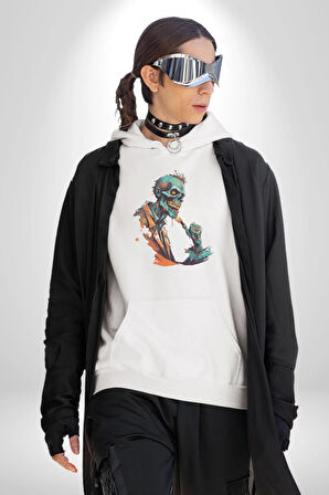 Zombi İskelet Kendine Yumruk  Kadın Erkek  Beyaz Kapüşonlu Sweatshirt Hoodie