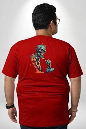 Zombi İskelet Kendine Yumruk  Büyük Beden Kırmızı Tişört Kadın Erkek Ünisex Sırt Baskılı