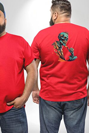 Zombi İskelet Kendine Yumruk  Büyük Beden Kırmızı Tişört Kadın Erkek Ünisex Sırt Baskılı