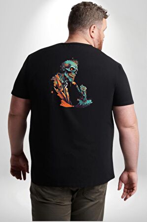 Zombi İskelet Kendine Yumruk  Büyük Beden Siyah Tişört Kadın Erkek Ünisex Sırt Baskılı