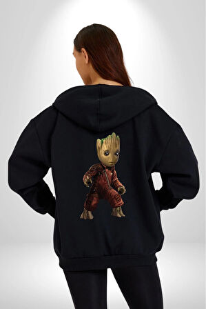 Bebek Groot Guardians Galaxy  Kadın Erkek Siyah Renk Kapüşonlu Kanguru Cepli  Fermuarlı Pamuklu Oversize Dijital Baskılı Hırka Sweatshirt