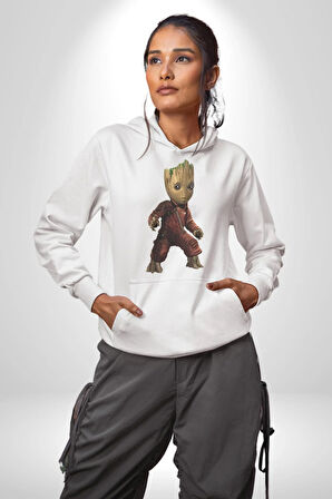 Bebek Groot Guardians Galaxy  Kadın Erkek  Beyaz Kapüşonlu Sweatshirt Hoodie