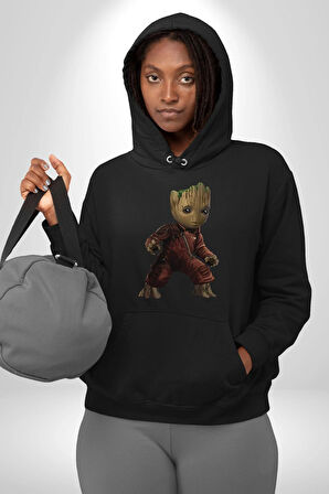 Bebek Groot Guardians Galaxy  Kadın Erkek  Siyah Kapüşonlu Sweatshirt Hoodie