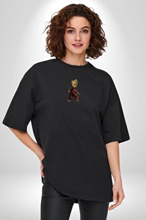 Bebek Groot Guardians Galaxy  Siyah Oversize Kadın Erkek Ön Orta Minimal Baskılı Tişört