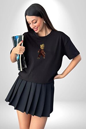 Bebek Groot Guardians Galaxy  Siyah Oversize Kadın Erkek Ön Orta Minimal Baskılı Tişört