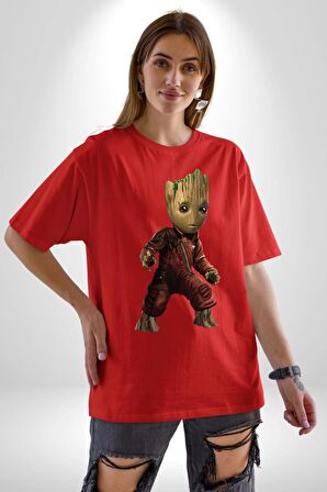 Bebek Groot Guardians Galaxy  Pamuklu Bisiklet Yaka Kadın Erkek Oversize Boyfriend Dijital Baskılı Kırmızı T-Shirt