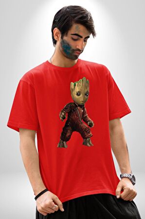 Bebek Groot Guardians Galaxy  Pamuklu Bisiklet Yaka Kadın Erkek Oversize Boyfriend Dijital Baskılı Kırmızı T-Shirt