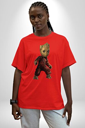 Bebek Groot Guardians Galaxy  Pamuklu Bisiklet Yaka Kadın Erkek Oversize Boyfriend Dijital Baskılı Kırmızı T-Shirt