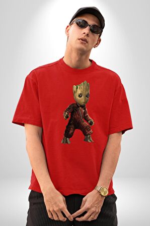 Bebek Groot Guardians Galaxy  Pamuklu Bisiklet Yaka Kadın Erkek Oversize Boyfriend Dijital Baskılı Kırmızı T-Shirt