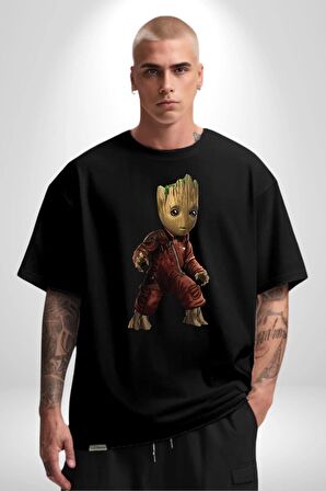 Bebek Groot Guardians Galaxy  Pamuklu Bisiklet Yaka Kadın Erkek Oversize Boyfriend Dijital Baskılı Siyah T-shirt