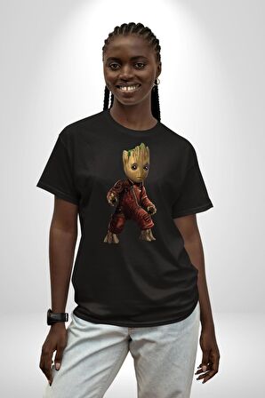 Bebek Groot Guardians Galaxy  Pamuklu Bisiklet Yaka Kadın Erkek Oversize Boyfriend Dijital Baskılı Siyah T-shirt