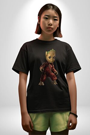 Bebek Groot Guardians Galaxy  Pamuklu Bisiklet Yaka Kadın Erkek Oversize Boyfriend Dijital Baskılı Siyah T-shirt