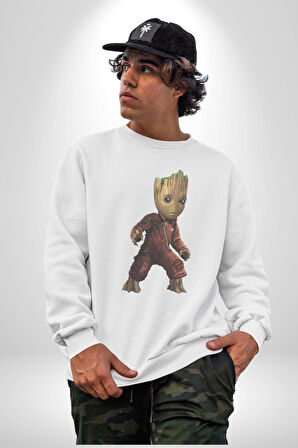 Bebek Groot Guardians Galaxy  Kadın Erkek  Beyaz Baskılı Sweatshirt 