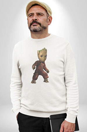 Bebek Groot Guardians Galaxy  Kadın Erkek  Beyaz Baskılı Sweatshirt 