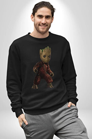 Bebek Groot Guardians Galaxy  Kadın Erkek  Siyah Baskılı Sweatshirt 