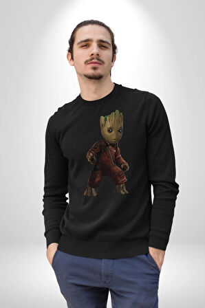 Bebek Groot Guardians Galaxy  Kadın Erkek  Siyah Baskılı Sweatshirt 