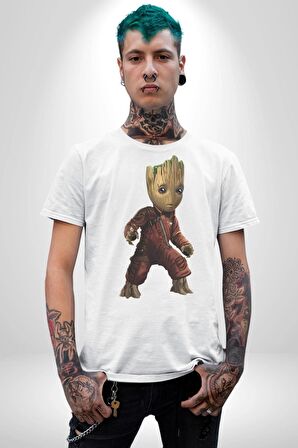 Bebek Groot Guardians Galaxy  Kadın Erkek Unisex Beyaz Organik Baskılı T-Shirt Penye Yüksek Kalite