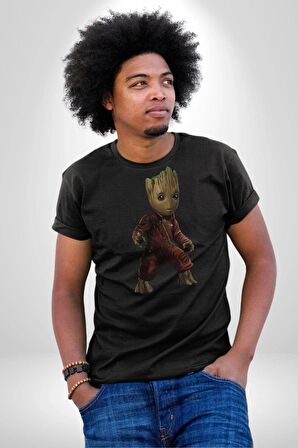 Bebek Groot Guardians Galaxy  Kadın Erkek Unisex Siyah Organik Baskılı T-Shirt Penye Yüksek Kalite