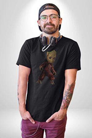 Bebek Groot Guardians Galaxy  Kadın Erkek Unisex Siyah Organik Baskılı T-Shirt Penye Yüksek Kalite