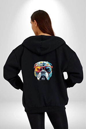 Bull Terier Köpek Gözlük Renkli  Kadın Erkek Siyah Renk Kapüşonlu Kanguru Cepli  Fermuarlı Pamuklu Oversize Dijital Baskılı Hırka Sweatshirt