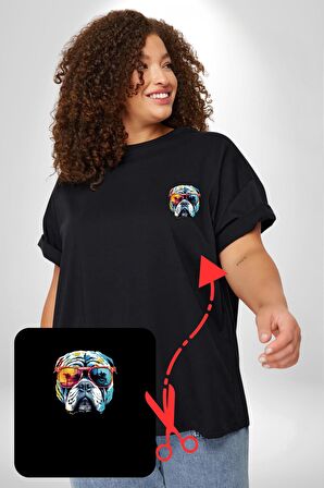 Bull Terier Köpek Gözlük Renkli  Siyah Büyük Beden Kadın Basic Minimal Baskılı Tişört