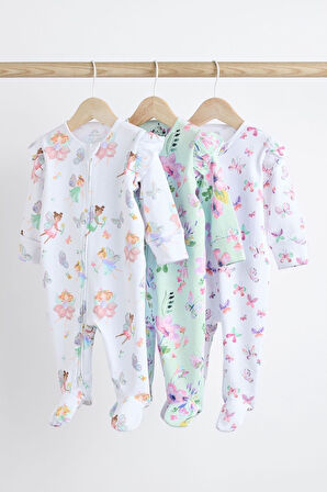 Next Baby % 100 Pamuklu Beyaz Lila Peri Desenli 3’lü Tulum Set