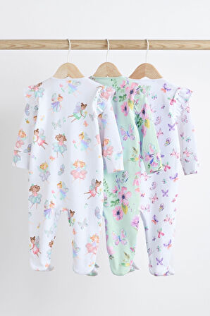 Next Baby % 100 Pamuklu Beyaz Lila Peri Desenli 3’lü Tulum Set