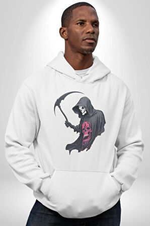 Azrail Kurukafa Ölüm Kadın Erkek  Beyaz Kapüşonlu Sweatshirt Hoodie