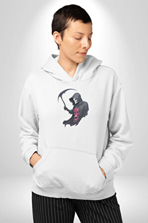 Azrail Kurukafa Ölüm Kadın Erkek  Beyaz Kapüşonlu Sweatshirt Hoodie