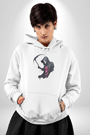 Azrail Kurukafa Ölüm Kadın Erkek  Beyaz Kapüşonlu Sweatshirt Hoodie
