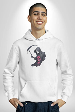 Azrail Kurukafa Ölüm Kadın Erkek  Beyaz Kapüşonlu Sweatshirt Hoodie