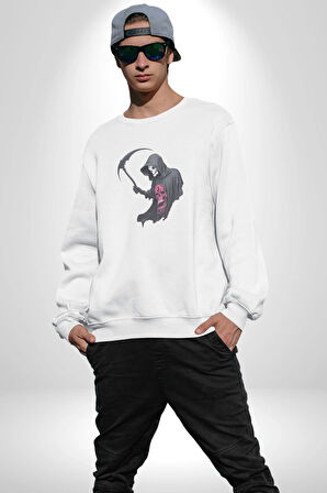 Azrail Kurukafa Ölüm Kadın Erkek  Beyaz Baskılı Sweatshirt 