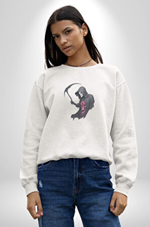Azrail Kurukafa Ölüm Kadın Erkek  Beyaz Baskılı Sweatshirt 
