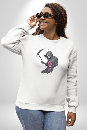 Azrail Kurukafa Ölüm Kadın Erkek  Beyaz Baskılı Sweatshirt 