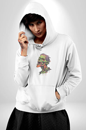 Zombi Kafası Kadın Erkek  Beyaz Kapüşonlu Sweatshirt Hoodie
