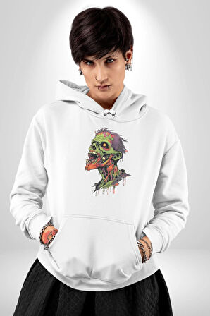 Zombi Kafası Kadın Erkek  Beyaz Kapüşonlu Sweatshirt Hoodie