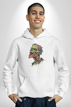 Zombi Kafası Kadın Erkek  Beyaz Kapüşonlu Sweatshirt Hoodie