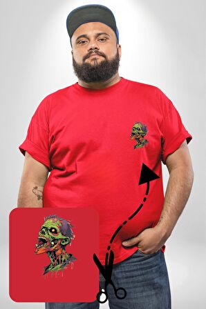 Zombi Kafası Kırmızı Büyük Beden Kadın Basic Minimal Baskılı Tişört
