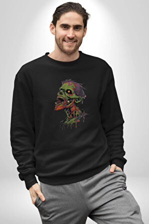 Zombi Kafası Kadın Erkek  Siyah Baskılı Sweatshirt 