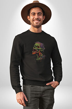 Zombi Kafası Kadın Erkek  Siyah Baskılı Sweatshirt 