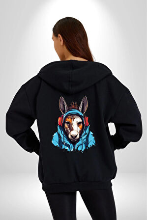 Kulaklıklı Eşşek Müzik Dinlerken Kadın Erkek Siyah Renk Kapüşonlu Kanguru Cepli  Fermuarlı Pamuklu Oversize Dijital Baskılı Hırka Sweatshirt