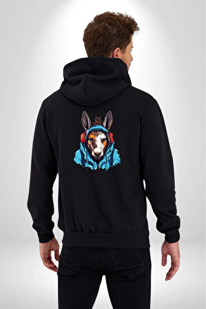 Kulaklıklı Eşşek Müzik Dinlerken Kadın Erkek Siyah Renk Kapüşonlu Kanguru Cepli  Fermuarlı Pamuklu Oversize Dijital Baskılı Hırka Sweatshirt