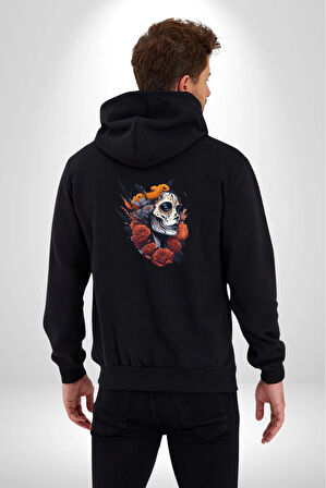 Maske Dövmeli Çiçekli Kız Kadın Erkek Siyah Renk Kapüşonlu Kanguru Cepli  Fermuarlı Pamuklu Oversize Dijital Baskılı Hırka Sweatshirt