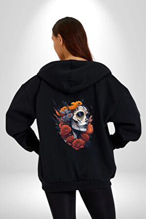 Maske Dövmeli Çiçekli Kız Kadın Erkek Siyah Renk Kapüşonlu Kanguru Cepli  Fermuarlı Pamuklu Oversize Dijital Baskılı Hırka Sweatshirt