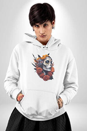 Maske Dövmeli Çiçekli Kız Kadın Erkek  Beyaz Kapüşonlu Sweatshirt Hoodie