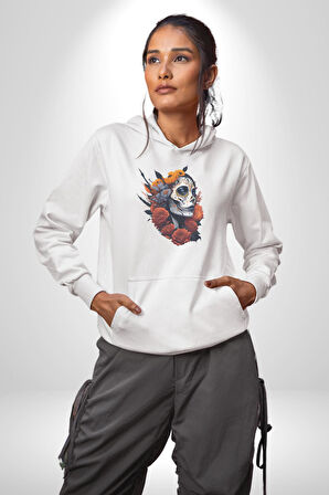Maske Dövmeli Çiçekli Kız Kadın Erkek  Beyaz Kapüşonlu Sweatshirt Hoodie
