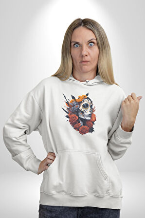 Maske Dövmeli Çiçekli Kız Kadın Erkek  Beyaz Kapüşonlu Sweatshirt Hoodie