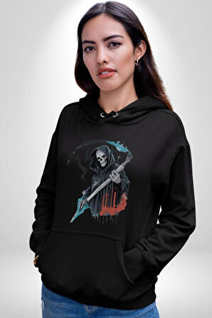 Azrail Ölüm Tanrısı İskelet Kadın Erkek  Siyah Kapüşonlu Sweatshirt Hoodie